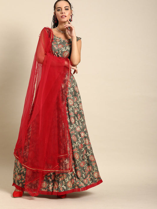 Women's Nayo Grey Rayon Foil Printed Lehenga Choli With Dupatta