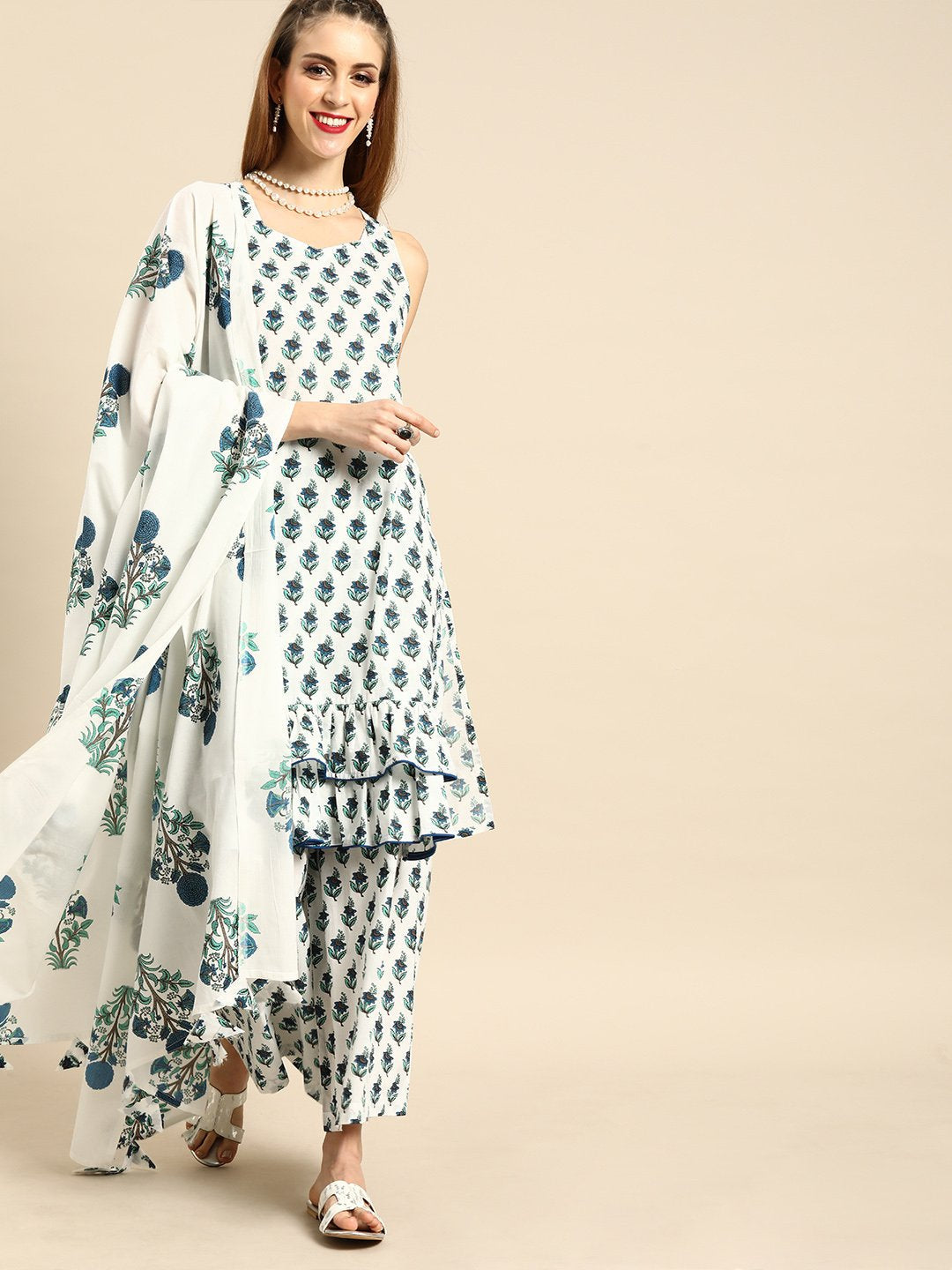 Women's White Sleeveless Flared Ruffle Kurta With Palazzo