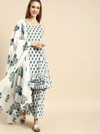 Women's White Sleeveless Flared Ruffle Kurta With Palazzo