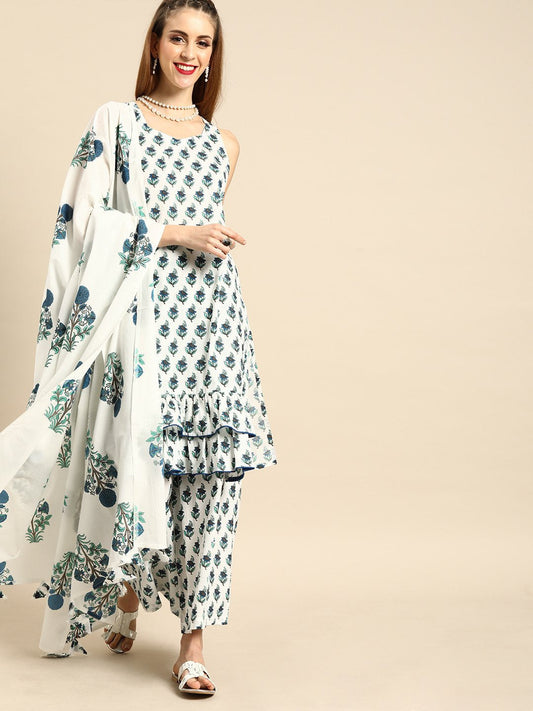Women's White Sleeveless Flared Ruffle Kurta With Palazzo