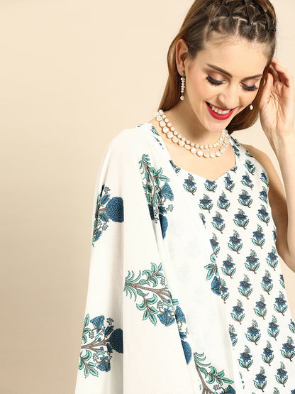 Women's White Sleeveless Flared Ruffle Kurta With Palazzo