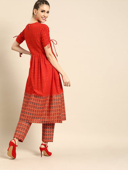 Women's Nayo Red Short Sleeves Flared Gathered Kurta With Palazzo