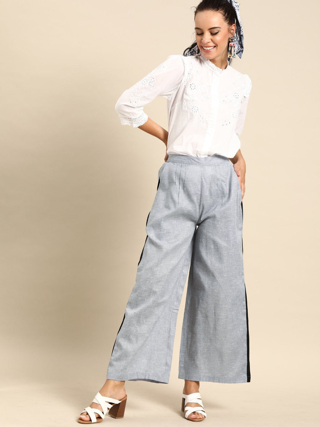 Women's Nayo Grey  Self Design Cotton Wide Leg Palazzo