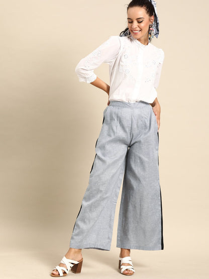 Women's Nayo Grey  Self Design Cotton Wide Leg Palazzo