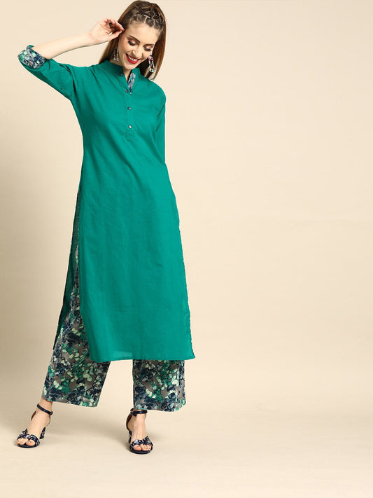 Women's Nayo Green Three-Quarter Sleeves Straight Straight Kurta With Palazzo