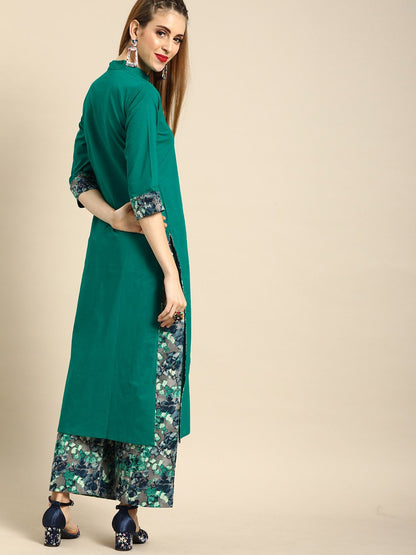 Women's Nayo Green Three-Quarter Sleeves Straight Straight Kurta With Palazzo