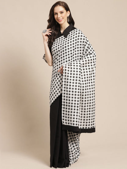Women's Black Checked Saree With 3/4Th Sleeve Blouse