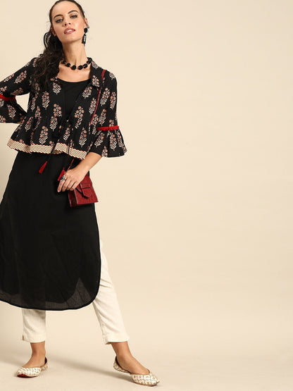 Women's Nayo Black Calf Length Three-Quarter Sleeves Straight Floral Printed Cotton Kurta With Jacket