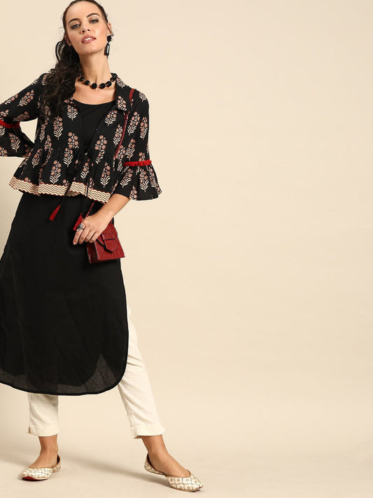 Women's Nayo Black Calf Length Three-Quarter Sleeves Straight Floral Printed Cotton Kurta With Jacket
