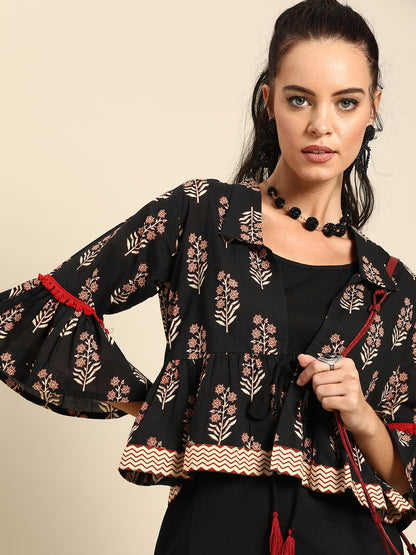 Women's Nayo Black Calf Length Three-Quarter Sleeves Straight Floral Printed Cotton Kurta With Jacket