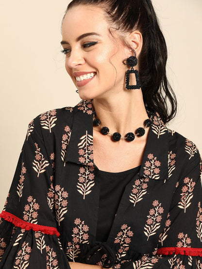 Women's Nayo Black Calf Length Three-Quarter Sleeves Straight Floral Printed Cotton Kurta With Jacket