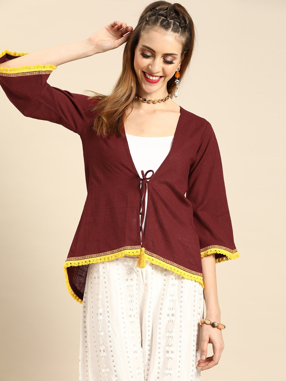 Women's Nayo Solid Maroon Shrug With Tassle And Lace Detail