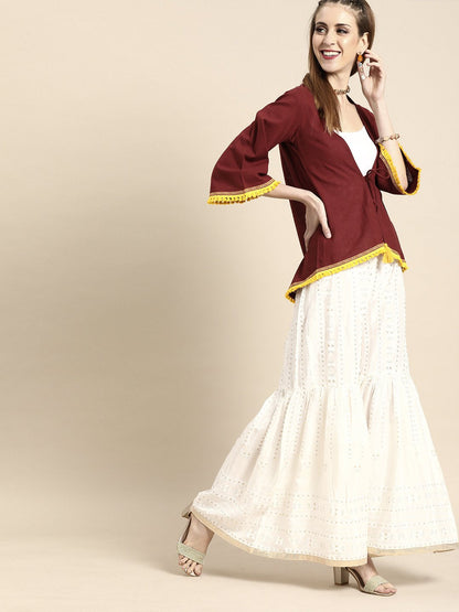 Women's Nayo Solid Maroon Shrug With Tassle And Lace Detail