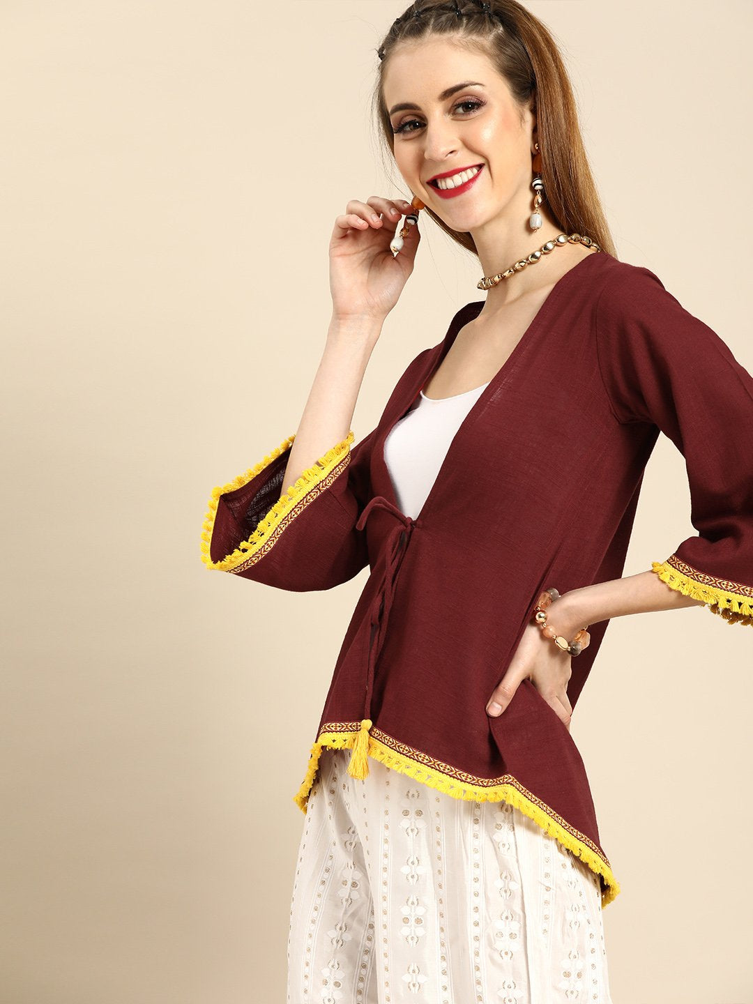 Women's Nayo Solid Maroon Shrug With Tassle And Lace Detail