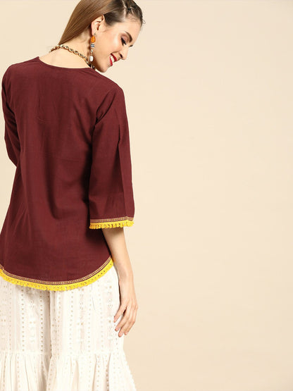 Women's Nayo Solid Maroon Shrug With Tassle And Lace Detail