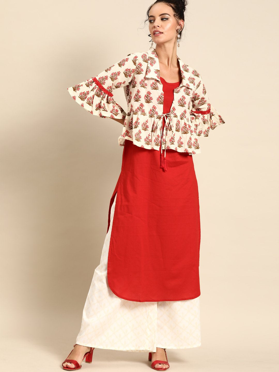 Women's Nayo Red Calf Length Three-Quarter Sleeves Straight Floral Printed Cotton Kurta With Jacket