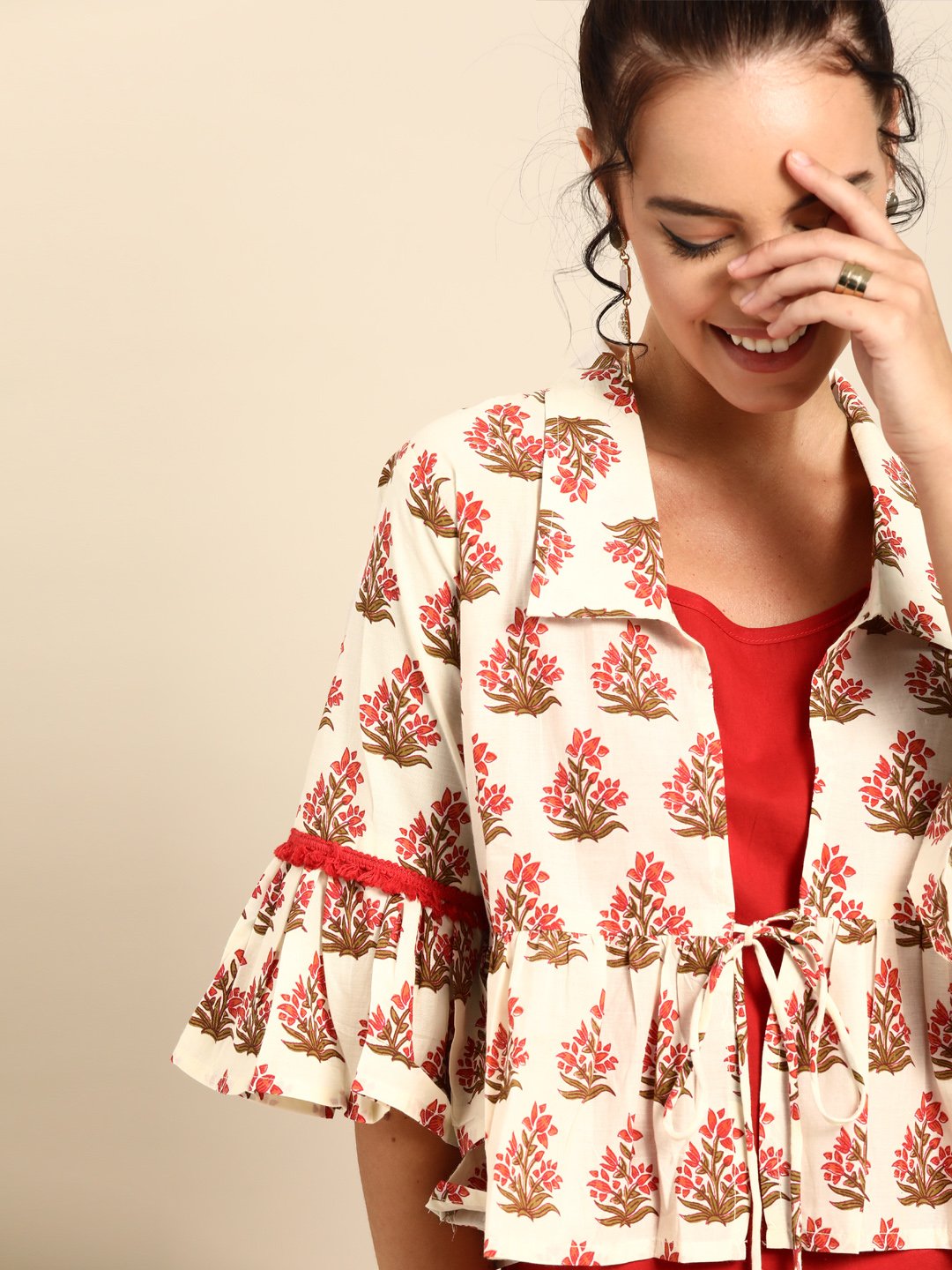 Women's Nayo Red Calf Length Three-Quarter Sleeves Straight Floral Printed Cotton Kurta With Jacket