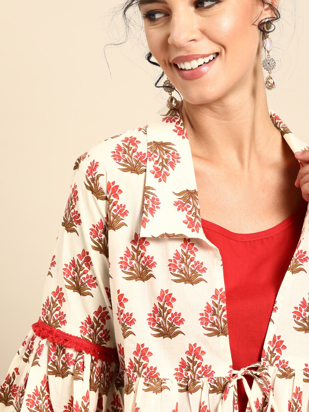 Women's Nayo Red Calf Length Three-Quarter Sleeves Straight Floral Printed Cotton Kurta With Jacket