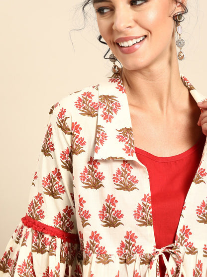 Women's Nayo Red Calf Length Three-Quarter Sleeves Straight Floral Printed Cotton Kurta With Jacket