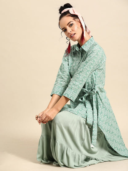 Women's Green & White Printed Tunic