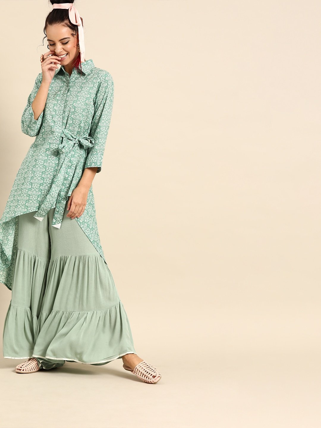 Women's Green & White Printed Tunic