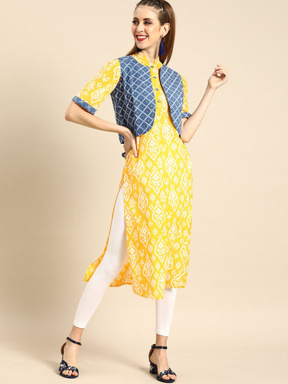 Women's Nayo Yellow Calf Length Short Sleeves Straight Ethnic Motifs Printed Cotton Kurta With Jacket