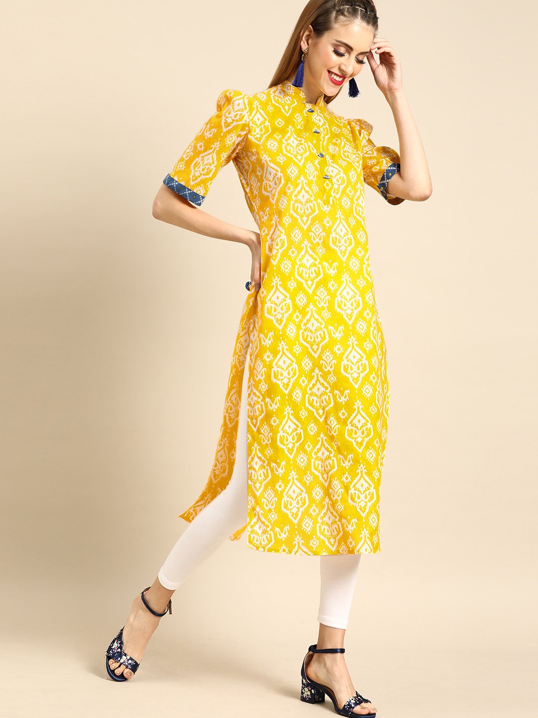 Women's Nayo Yellow Calf Length Short Sleeves Straight Ethnic Motifs Printed Cotton Kurta With Jacket