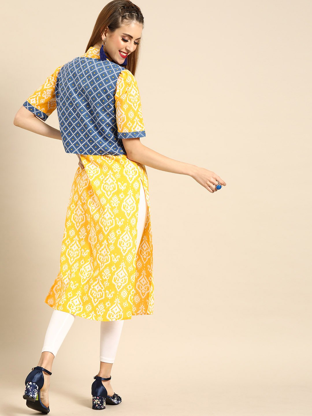 Women's Nayo Yellow Calf Length Short Sleeves Straight Ethnic Motifs Printed Cotton Kurta With Jacket