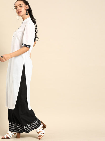 Women's Nayo White Calf Length Short Sleeves Straight Solid Cotton Kurta With Jacket