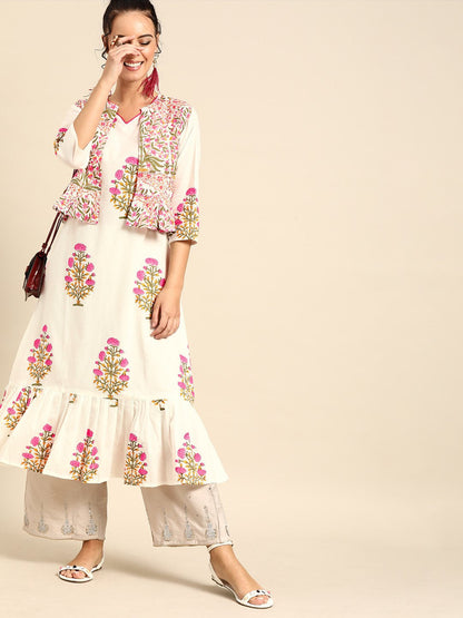 Women's Nayo Off White Calf Length Three-Quarter Sleeves Straight Floral Printed Cotton Kurta With Jacket