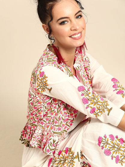 Women's Nayo Off White Calf Length Three-Quarter Sleeves Straight Floral Printed Cotton Kurta With Jacket