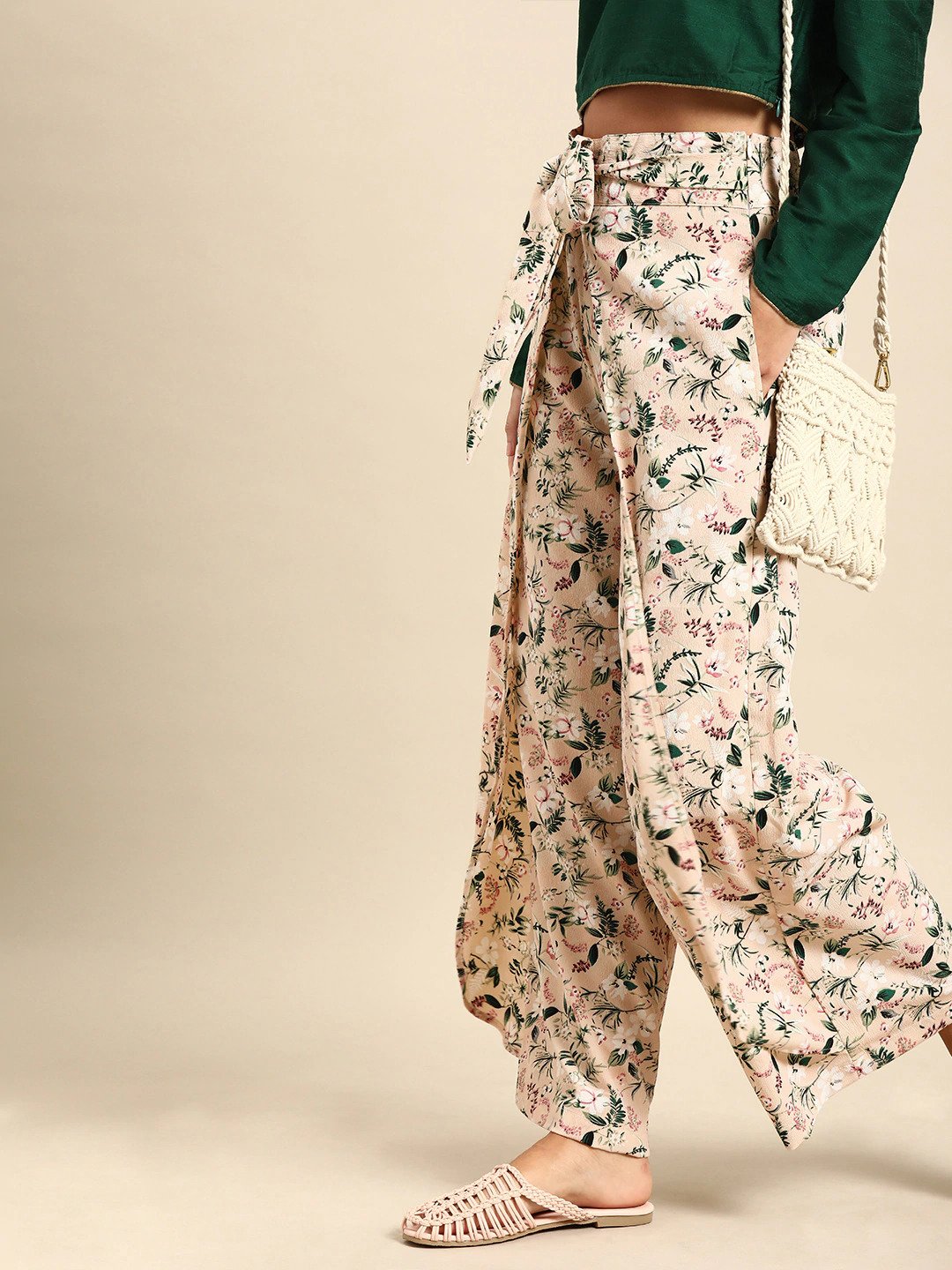 Women's Nayo Peach-Coloured  Green Printed Wide Leg Palazzos