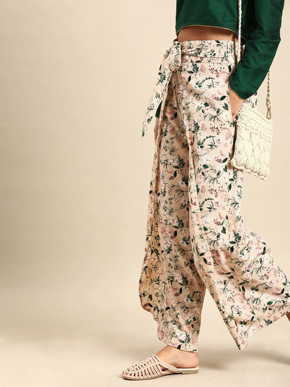 Women's Nayo Peach-Coloured  Green Printed Wide Leg Palazzos