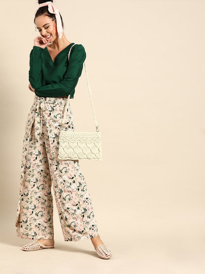 Women's Nayo Peach-Coloured  Green Printed Wide Leg Palazzos