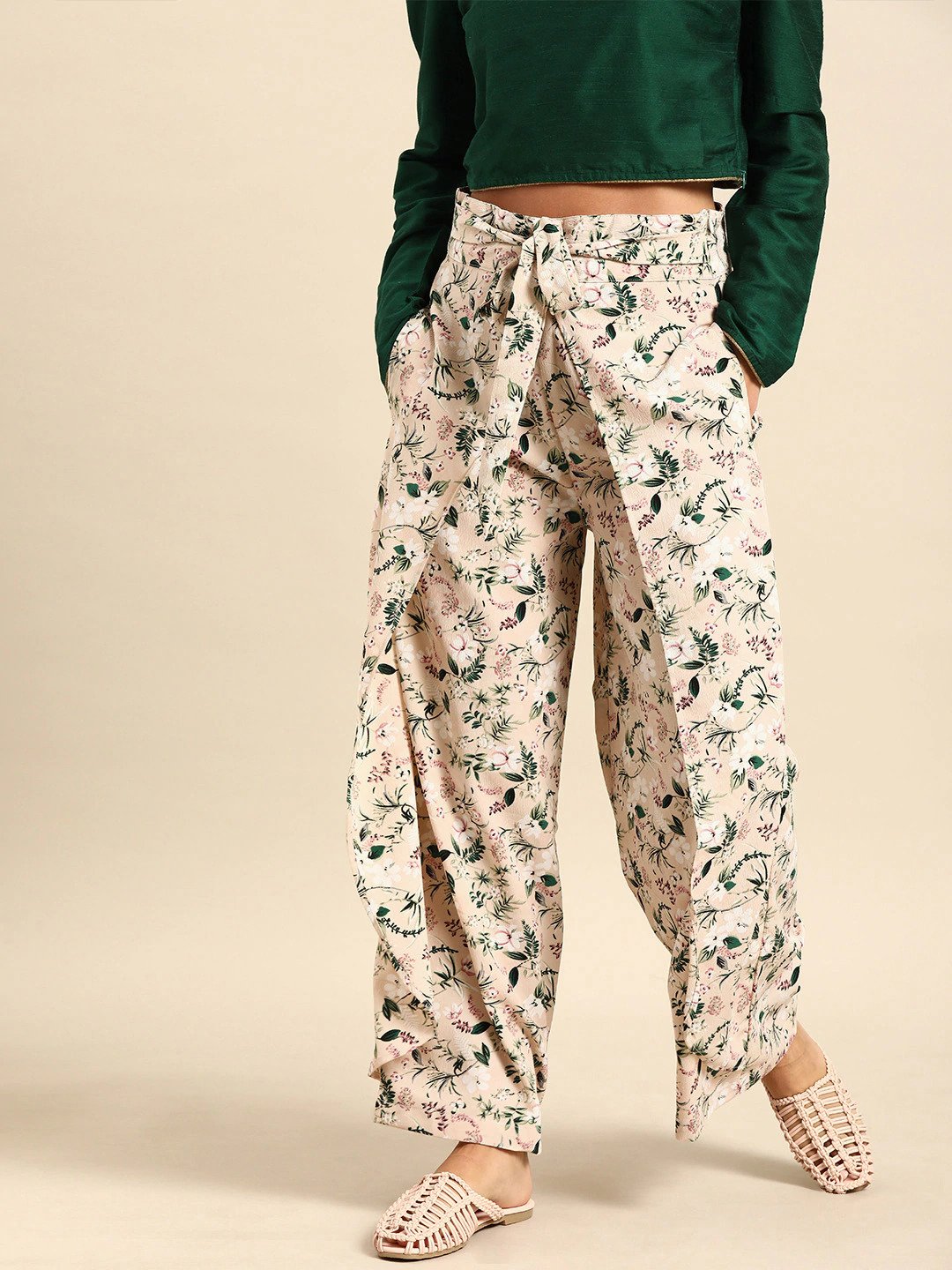 Women's Nayo Peach-Coloured  Green Printed Wide Leg Palazzos