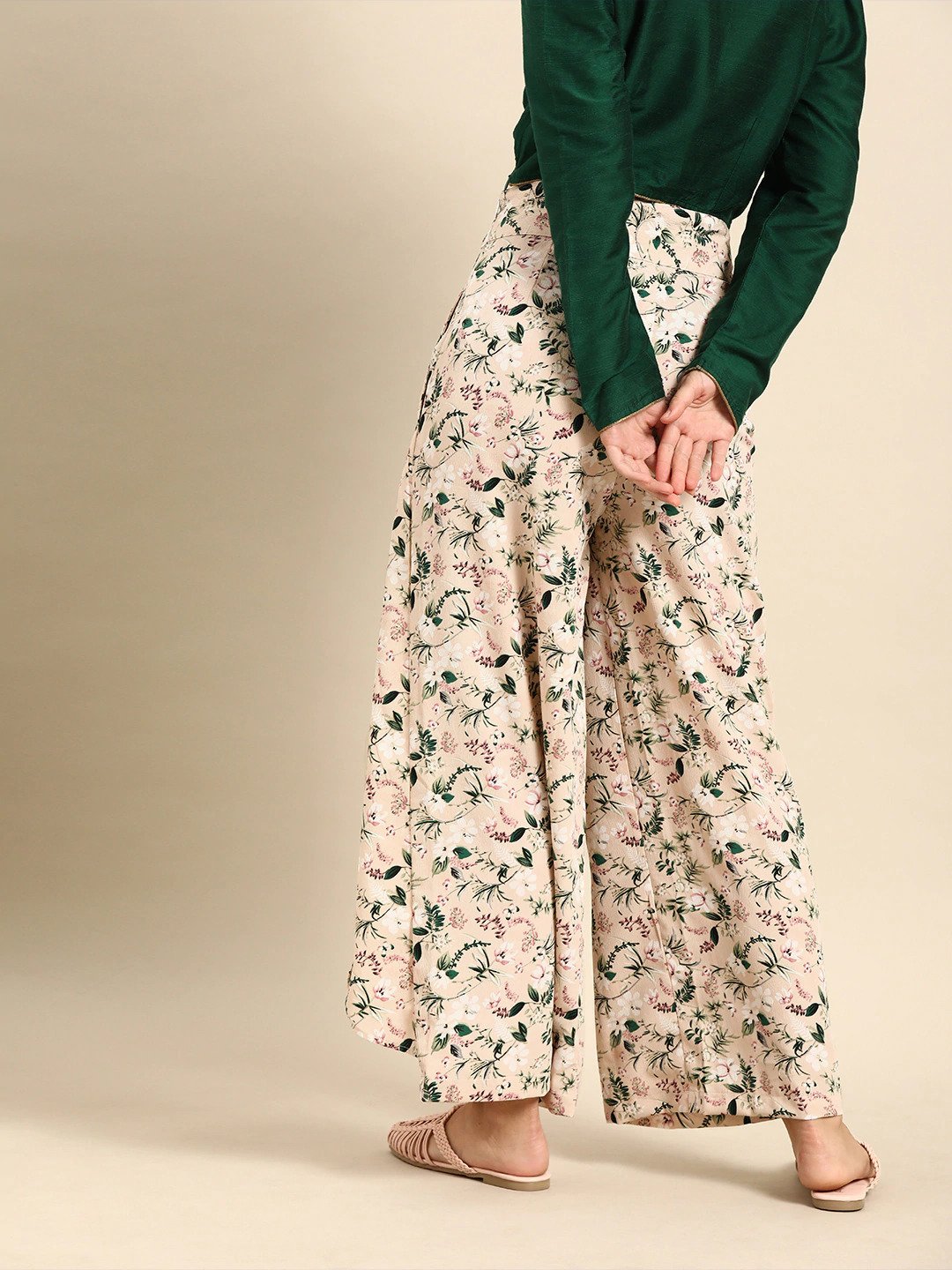 Women's Nayo Peach-Coloured  Green Printed Wide Leg Palazzos