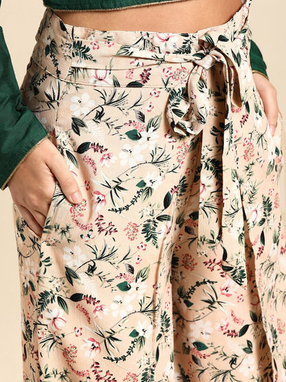 Women's Nayo Peach-Coloured  Green Printed Wide Leg Palazzos