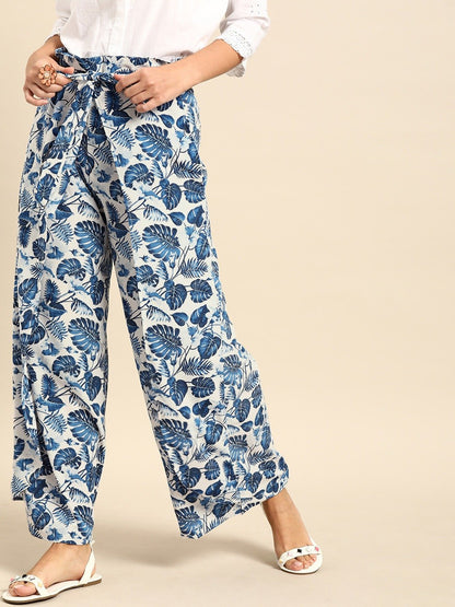 Women's Nayo Off-White  Blue Printed Wide Leg Palazzos
