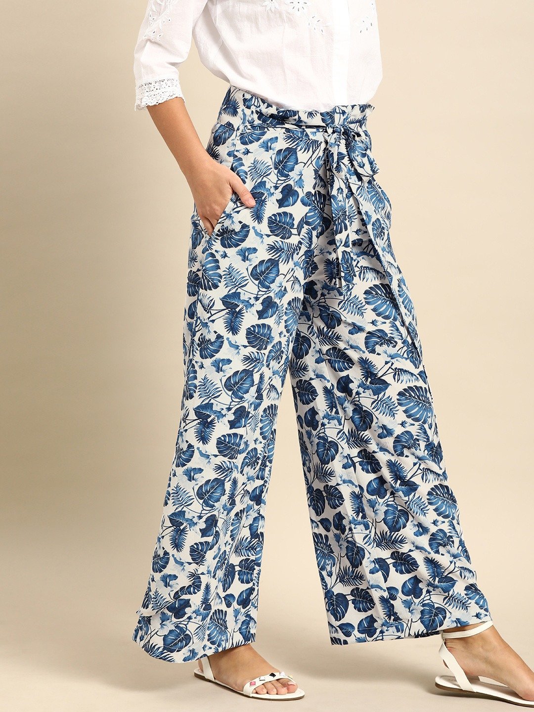 Women's Nayo Off-White  Blue Printed Wide Leg Palazzos