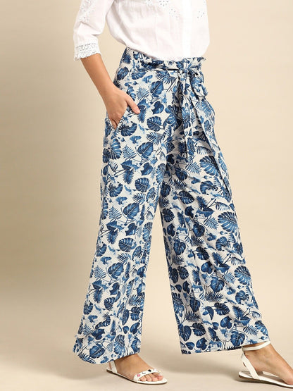 Women's Nayo Off-White  Blue Printed Wide Leg Palazzos