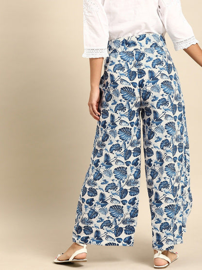Women's Nayo Off-White  Blue Printed Wide Leg Palazzos
