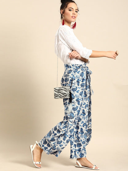 Women's Nayo Off-White  Blue Printed Wide Leg Palazzos