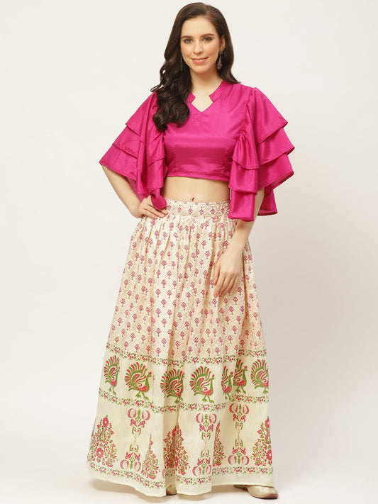 Women's Burgundy Silk Blend Mandarin Collar Crop Top With Skirt