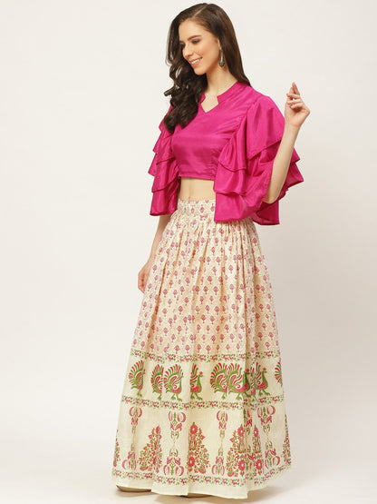 Women's Burgundy Silk Blend Mandarin Collar Crop Top With Skirt