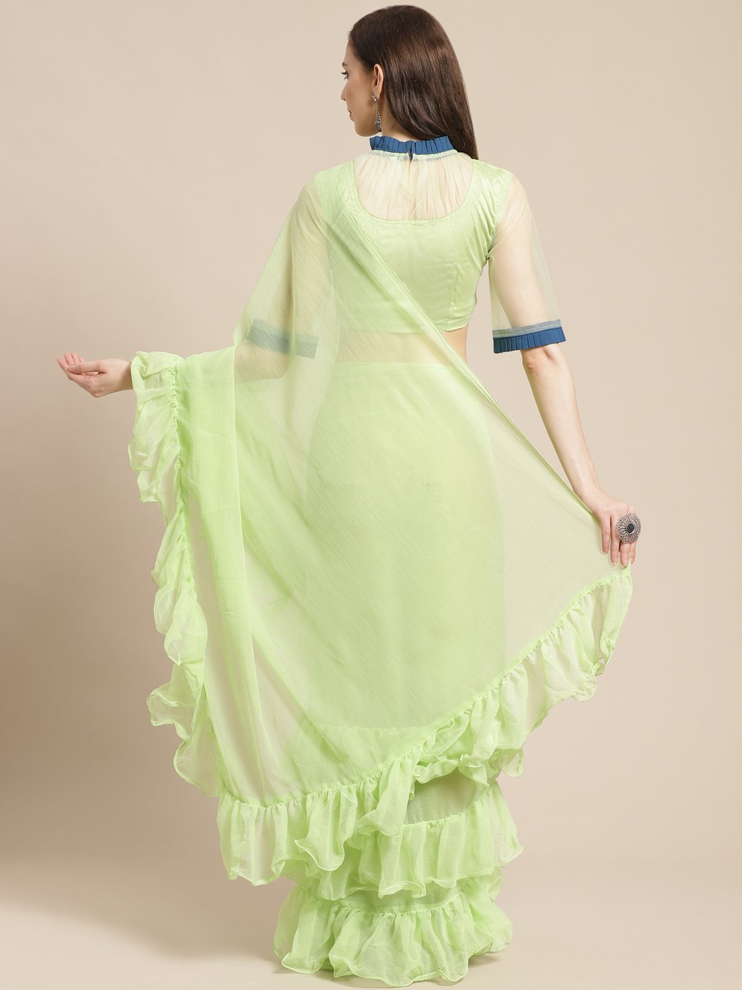 Women's Mint Green Ruffled Saree With Ruffled Blouse
