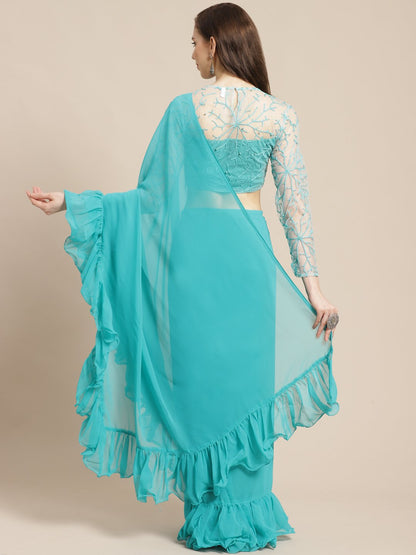 Women's Sky Blue Ruffled Saree With Blouse