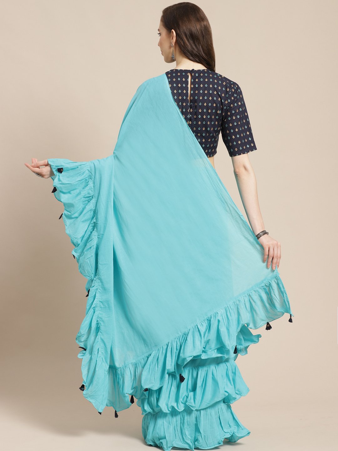 Women's Navy Blue Ruffled Mul Saree With Blouse