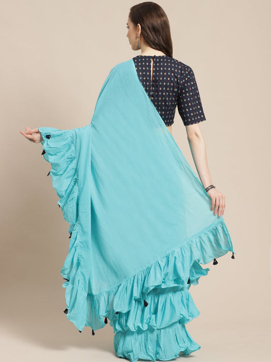 Women's Navy Blue Ruffled Mul Saree With Blouse