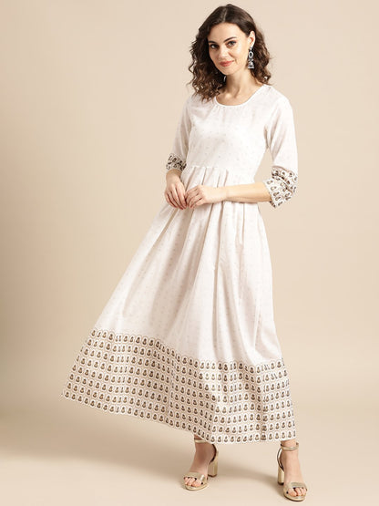 Women's Nayo White Ethnic Motifs Printed Round Neck Cotton A-Line Dress