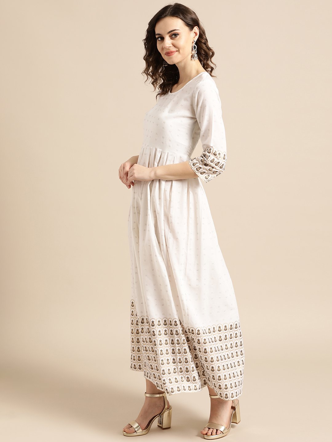 Women's Nayo White Ethnic Motifs Printed Round Neck Cotton A-Line Dress
